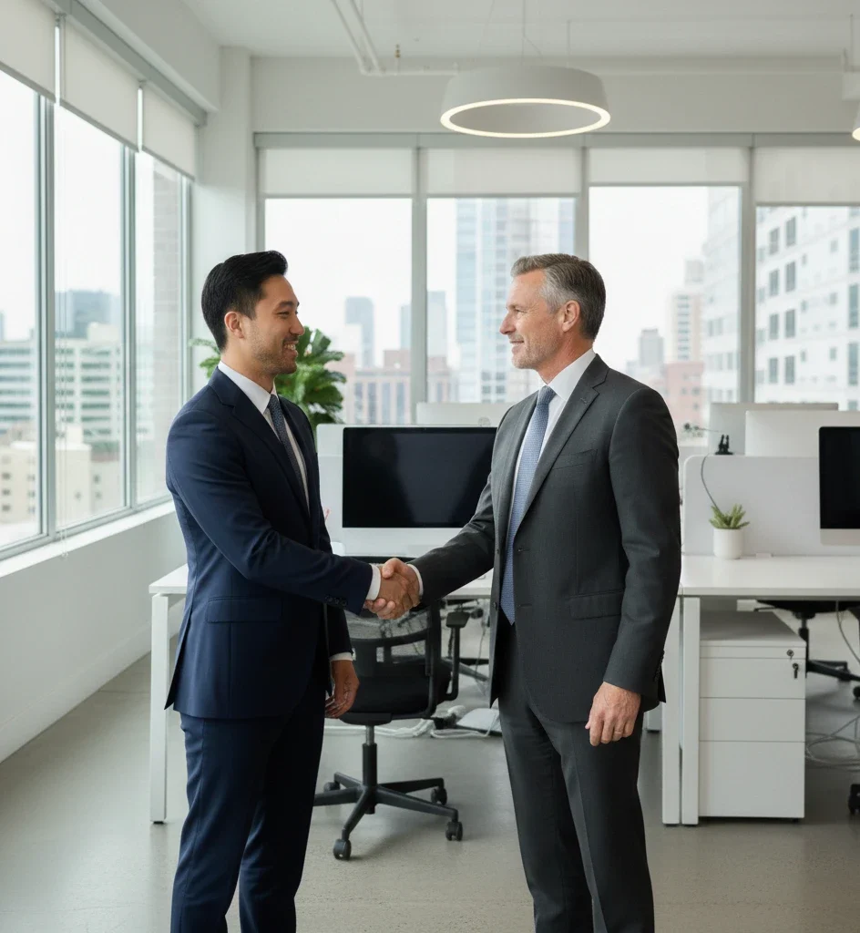 Michael Vale hand shakes with a home remodeling ceo client