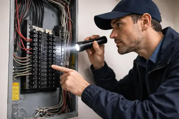 ome inspector checking electrical panel before renovation