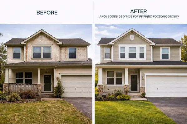 Before and after exterior renovation with new siding and roof