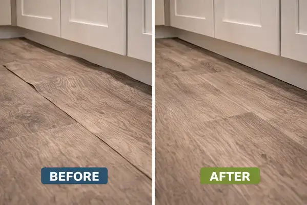 Before and after showing buckled LVP flooring vs properly installed vinyl plank in kitchen remodel