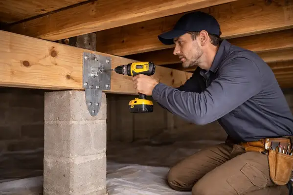 Contractor reinforcing floor joists during structural repair