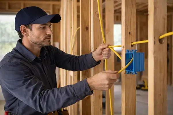 Electrician wiring open walls during renovation rough-in