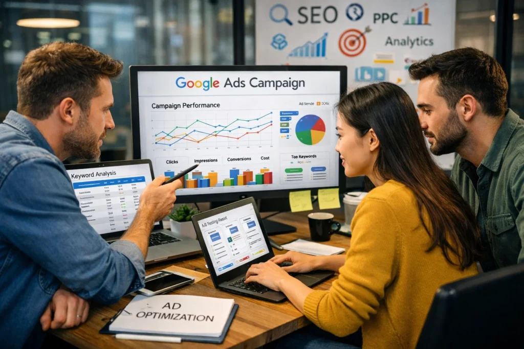 Digital marketing team managing Google Ads optimization in San Antonio, TX
