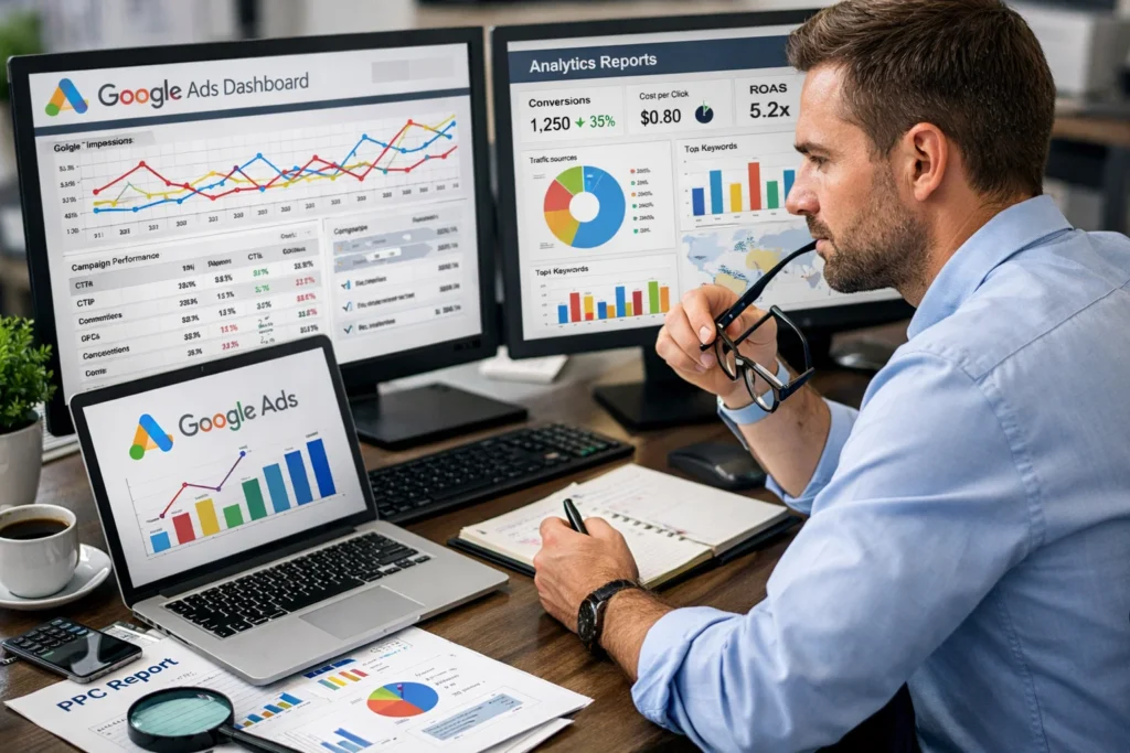 Google Ads specialist analyzing campaign performance in Houston, TX office