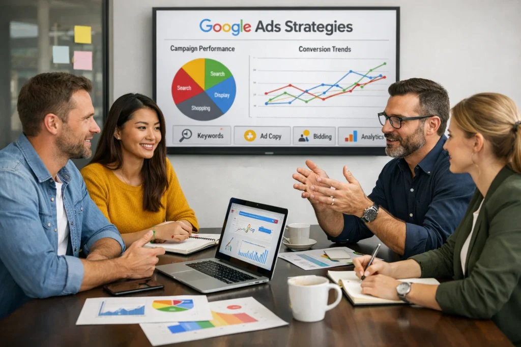 Team of digital marketing professionals reviewing Google Ads strategies in Philadelphia, PA