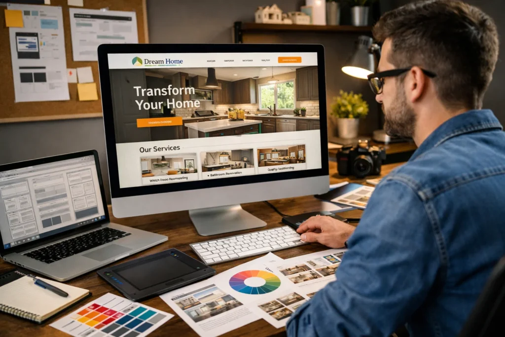 Web designer designing remodeling site in Houston, TX workspace