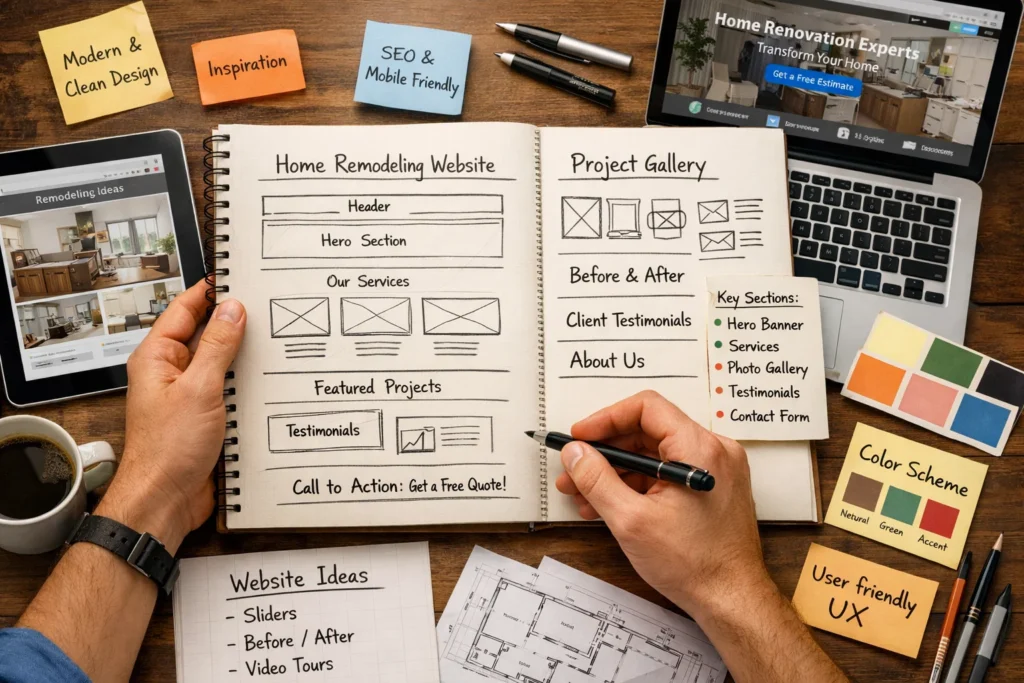 Web designer planning a home remodeling website design in Los Angeles, CA