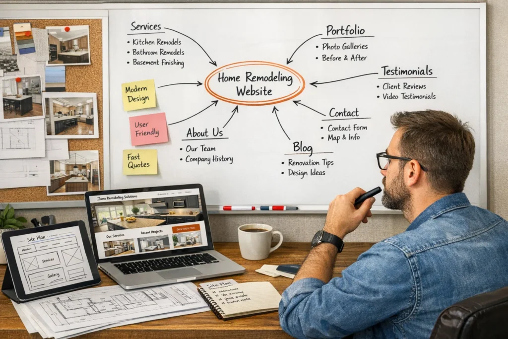 Web developer planning a home remodeling company website in San Antonio, TX