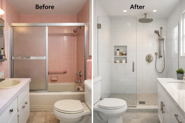 Before and after bathroom remodel comparison showing value increase