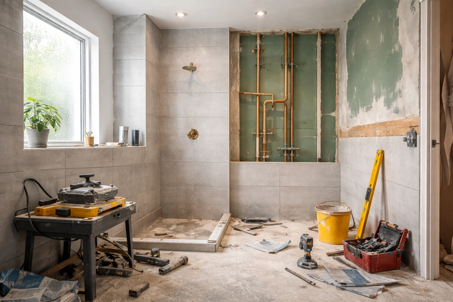 Modern bathroom remodel in progress with tile and plumbing