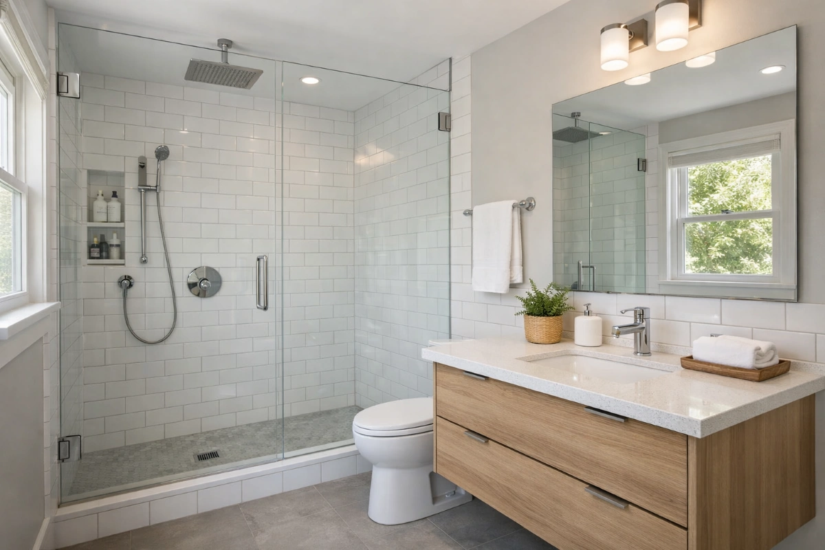 Modern midrange bathroom remodel with glass shower and floating vanity