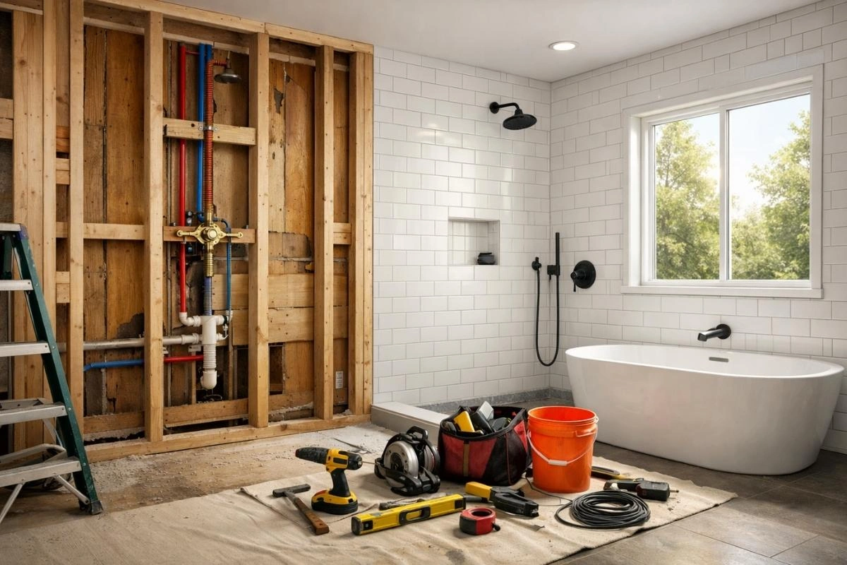 Bathroom remodel in progress showing framing and tile