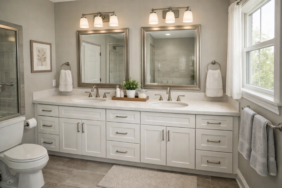 Midrange bathroom remodel with double vanity and modern fixtures
