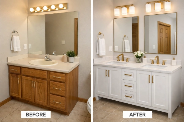 Before and after bathroom vanity upgrade from laminate to quartz