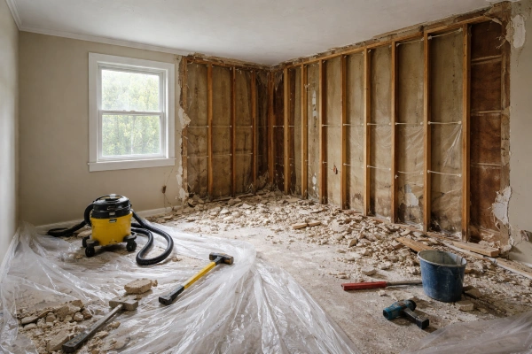Bedroom during demolition phase with exposed wall studs and plastic sheeting