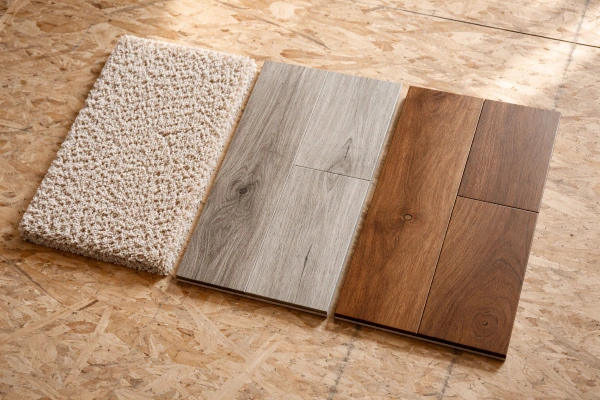 Carpet vs vinyl plank vs hardwood flooring samples for bedroom remodel