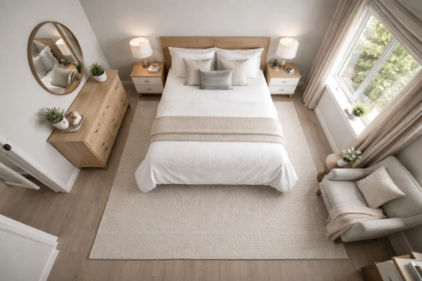 Bedroom furniture layout with proper clearance paths after remodel