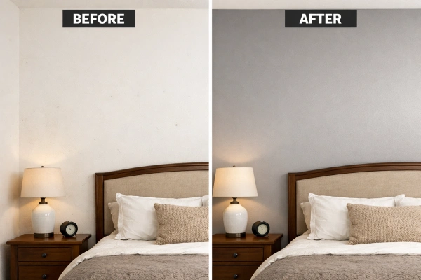 Before and after bedroom wall painting during remodel project