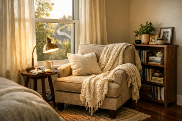 Cozy bedroom reading nook with accent chair lamp and bookshelf