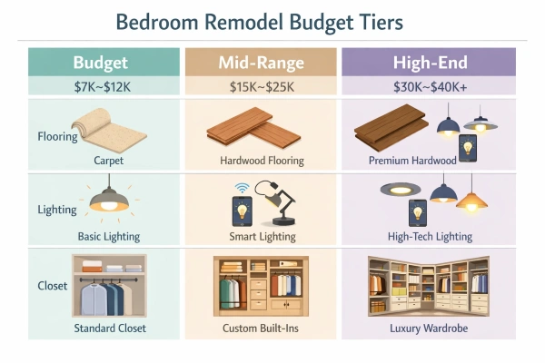 Bedroom remodel cost comparison infographic for budget mid-range and high-end tiers