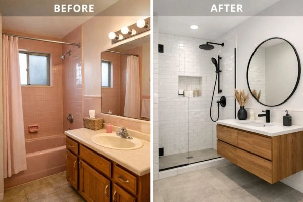 Before and after bathroom remodel comparison showing modern upgrade