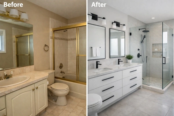 Before and after midrange bathroom remodel with walk-in shower