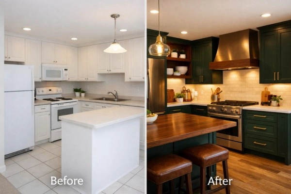 14 Home Remodel Design Trends for 2026 (And What They Actually Cost) 4 Before and after kitchen remodel with bold historical paint colors