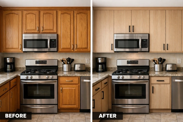 Before and after kitchen cabinet refacing showing modern slab-style doors
