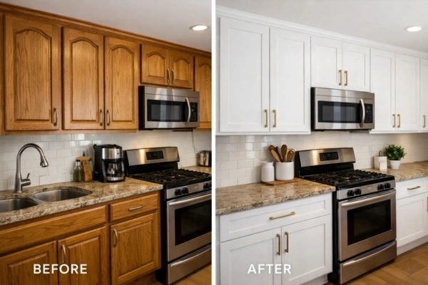 Before and after kitchen cabinet refacing to save on remodel costs