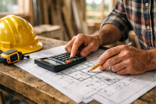 Contractor calculating remodeling costs with blueprints and calculator