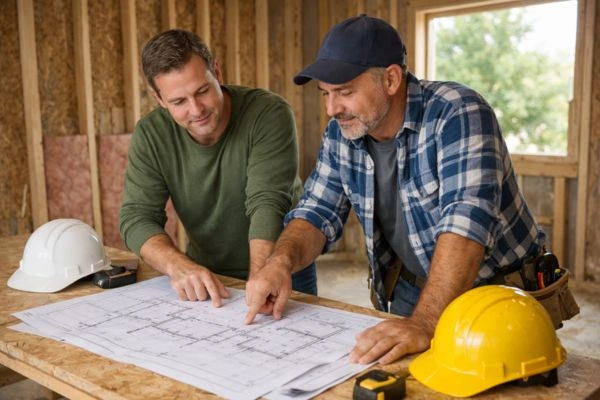 5 Home Remodeling Mistakes That Blow Budgets In 2026 (And How To Dodge Them) 4 Homeowner reviewing blueprints with contractor to avoid remodeling hiring mistakes