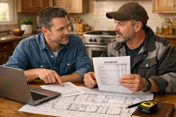 What Is The Most Expensive Part Of Remodeling A House In 2026? 5 Homeowner reviewing remodel estimate with contractor