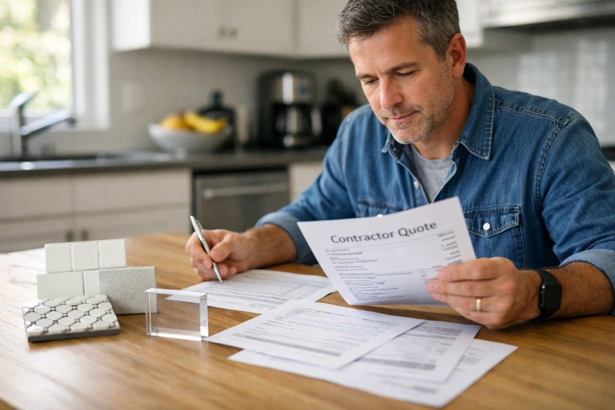 Homeowner comparing tub and shower remodel quotes at kitchen table