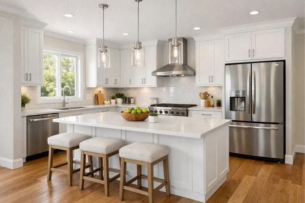 What Is The Most Expensive Part Of A Kitchen Remodel In 2026? 6 Completed kitchen remodel with white cabinets quartz countertops and modern appliances