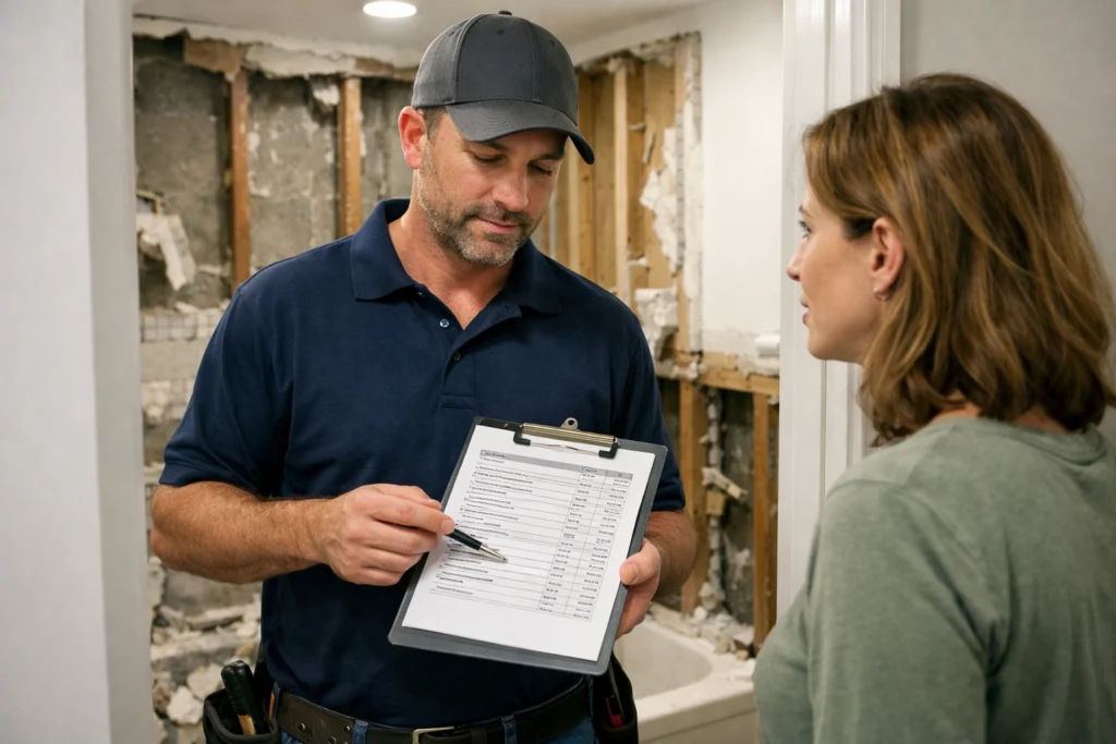 Contractor explaining tub and shower remodel quote during consultation