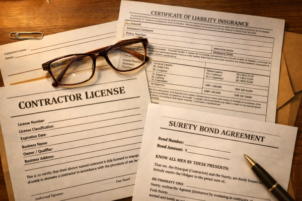 Contractor license and insurance documents for remodel verification
