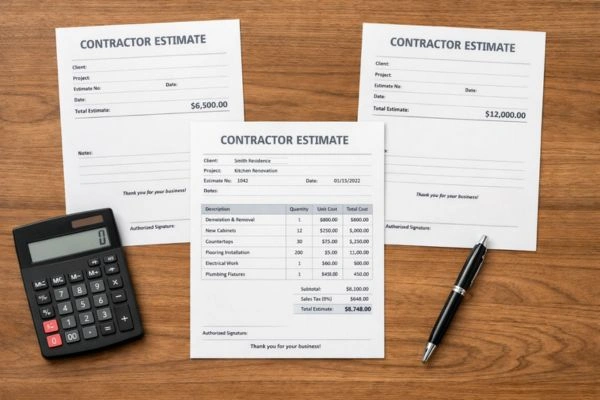 5 Home Remodeling Mistakes That Blow Budgets In 2026 (And How To Dodge Them) 3 Three contractor quotes on desk comparing complete versus incomplete remodeling estimates