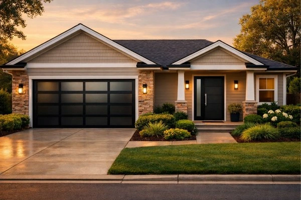 Home exterior curb appeal upgrade with new garage door and entry