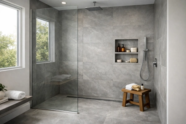 Curbless walk-in shower with frameless glass in modern bathroom