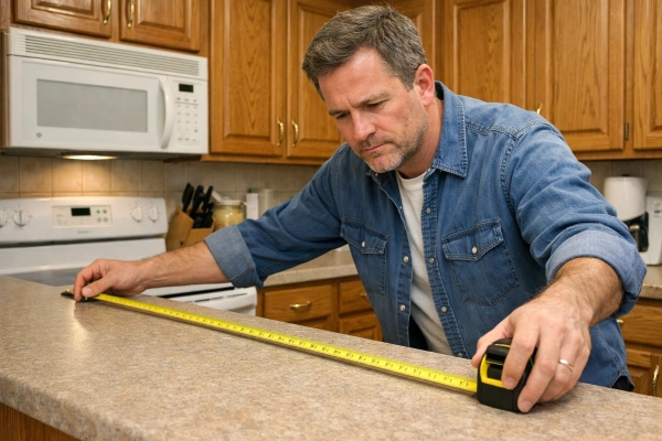 Homeowner measuring dated kitchen layout before remodel