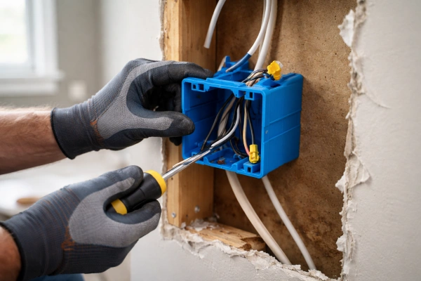 Licensed electrician installing bedroom outlet during remodel