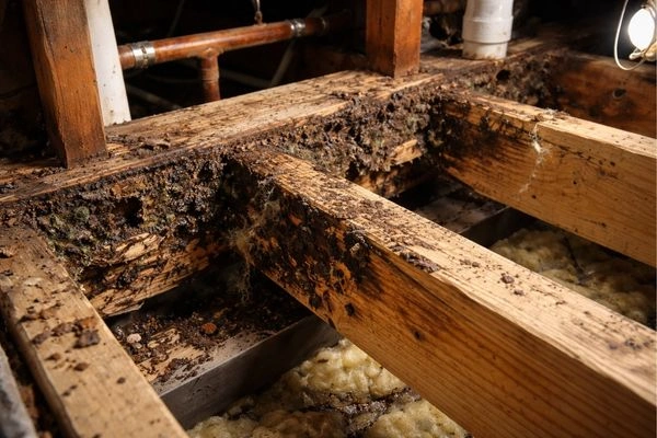 5 Home Remodeling Mistakes That Blow Budgets In 2026 (And How To Dodge Them) 2 Water-damaged floor joists beneath bathroom showing hidden remodeling costs