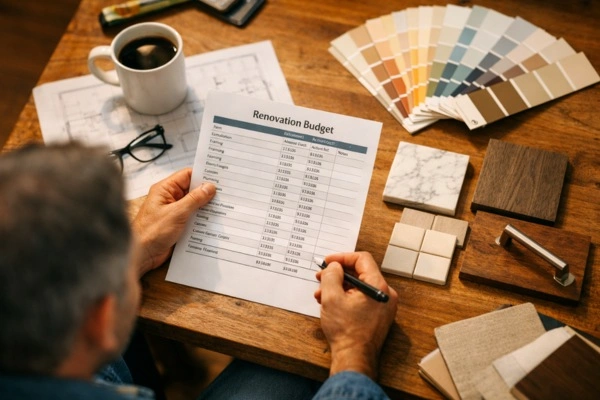 Homeowner reviewing home remodel budget and materials