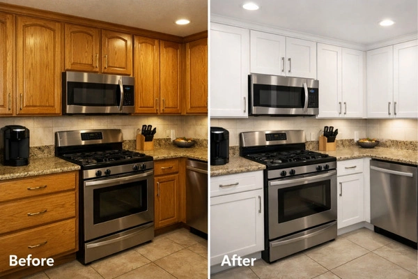 What Is The Most Expensive Part Of A Kitchen Remodel In 2026? 4 Before and after kitchen cabinet refacing showing oak to white shaker transformation