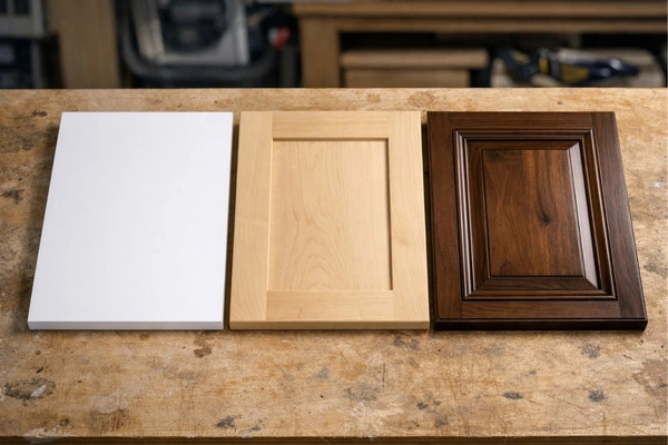 What Is The Most Expensive Part Of A Kitchen Remodel In 2026? 1 Three cabinet door types showing stock laminate semi-custom maple and custom walnut