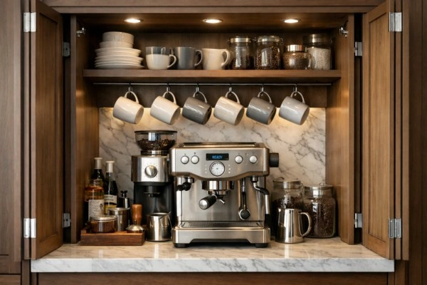 14 Home Remodel Design Trends for 2026 (And What They Actually Cost) 2 Built-in kitchen coffee station with pocket doors and espresso machine