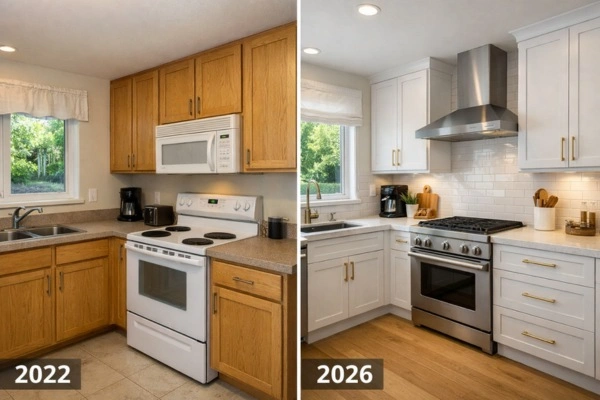 Cost To Remodel A Kitchen In 2026: What You'll Actually Spend 8 Before and after kitchen remodel comparison showing 2022 vs 2026 material upgrades
