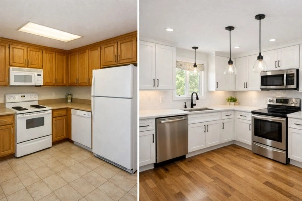 Before and after kitchen remodel showing updated cabinets and countertops