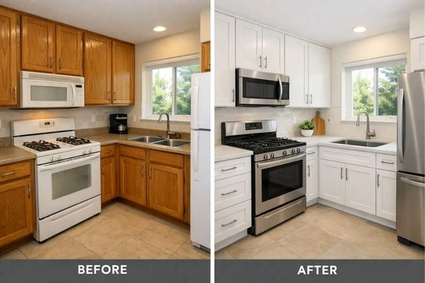 4 Common Types Of Remodeling Projects In 2026 | Costs & ROI 3 Before and after midrange kitchen remodel showing investment remodeling ROI