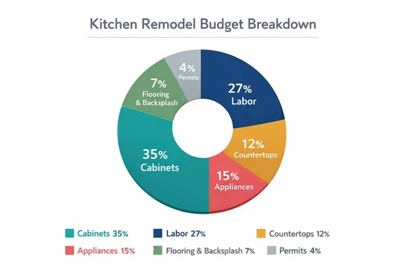 What Is The Most Expensive Part Of A Kitchen Remodel In 2026? 2 Kitchen remodel budget breakdown pie chart showing cabinets at 35 percent
